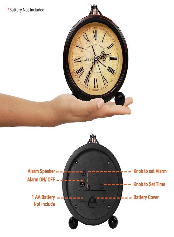 AERYS Table Clock Retro Twin Bell Metal Frame Alarm Clock & Silent Motion, High Volume Bedside Luminous Alarm for Bedroom/Office (Roman Vintage), Analog, 13 Cm, 17.5 Cm, Roman Alarm Clock, Brown - Image 2